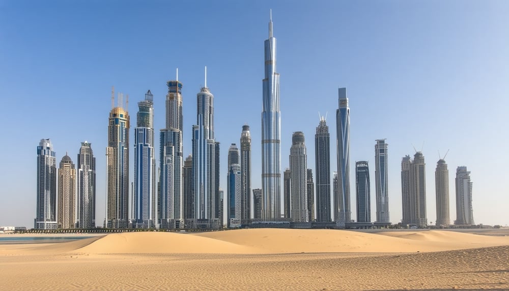 Iconic Dubai skyline with modern skyscrapers and desert backdrop