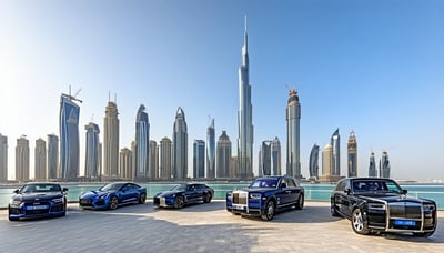 Dubai skyline with famous landmarks and luxury vehicles