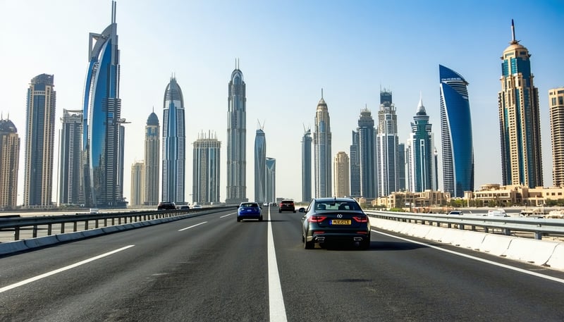 Dubai Road Pass Journey Travel premium vehicles and city skyline