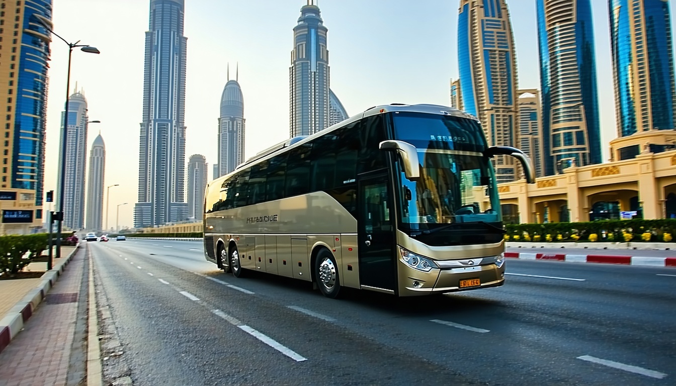 Luxury tour bus driving through Dubai cityscape